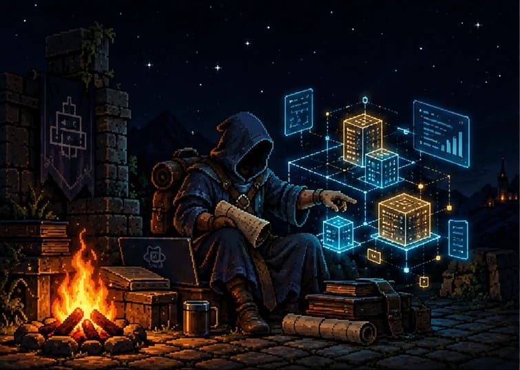 Ilustración pixel-art: un guía encapuchado, pergamino en mano, señala un plano holográfico de sistemas junto a una fogata