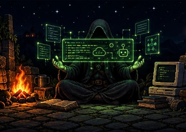 Ilustración pixel-art: un tecnomante encapuchado conjura pantallas holográficas verdes con una nube y un robot, junto a un computador antiguo