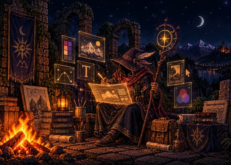 Ilustración pixel-art: un cartógrafo de sombrero puntiagudo, con un báculo coronado por una rosa de los vientos, dibuja un plano luminoso junto a una fogata, rodeado de paneles con paletas de color, tipografía y curvas